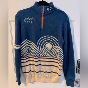 Dutch Bros Coffee 92 Vintage 1/4 Zip Up Sweater Unisex XL Blue Ribbed Hem RARE